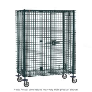The Metro SEC53EK3 Super Erecta Mobile Security Shelving Unit with Metroseal Green Epoxy offers a spacious wire cage with secure latch and four wheels, perfect for storage or transport. Dimensions are 27.25 x 40.75 x 67.9375, though actual dimensions may vary.