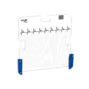 The Metro LEC309 Backboard Kit for Lifeline and Flexline Carts features a transparent polycarbonate shield with printed sound waves, blue side mounting brackets, a top handle cutout for easy transport, and Metrologic in the upper left.