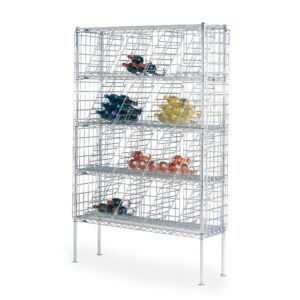 The Metro WB237C Super Erecta Bulk Storage Wine Shelving is a tall, metal unit with dimensions of 14 x 36 x 74.75. It features five wire mesh shelves for organizing and displaying a colorful array of bottles, neatly accommodating a 12-case capacity for easy viewing and access.