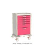 The Metro MBP4101TL Basix Plus Medical Cart features a pink front with six matching drawers, four wheels, and side handles for easy mobility, all presented in a studio setting. A note below confirms its color: pink (MB-PK).