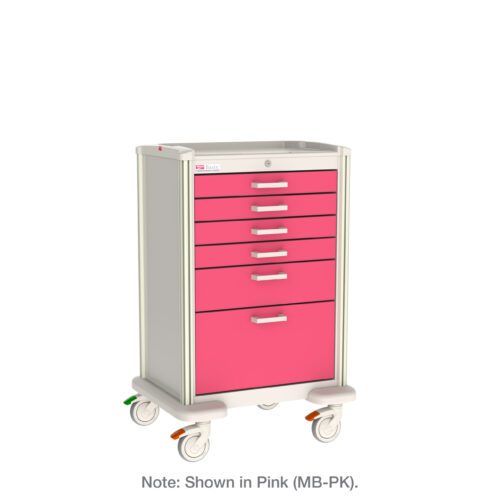 The Metro MBP4101TL Basix Plus Medical Cart features a pink front with six matching drawers, four wheels, and side handles for easy mobility, all presented in a studio setting. A note below confirms its color: pink (MB-PK).