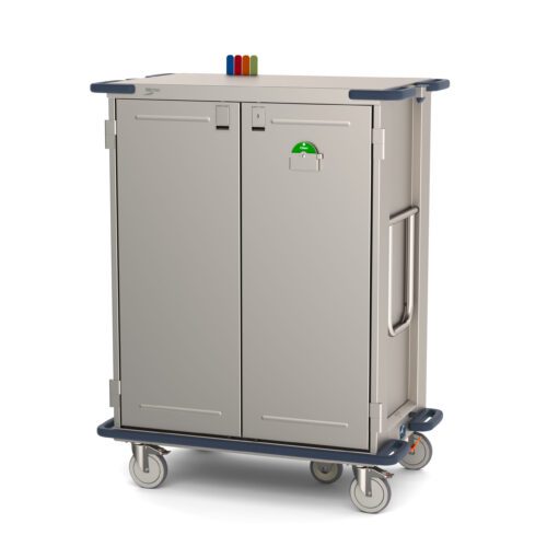 The Metro CaseVue CV36HS-5BFH Surgical Case Cart, in large gray, features solid doors, swing-up handles, and color flags. With blue corner bumpers and 5th wheel steering for convenience, it measures 45.5W x 28D x 58.25H and is easy to maneuver on wheels.