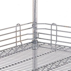 Close-up of a 14 Metro L14N-4-DCH Super Erecta wire shelving corner. The unit has horizontal wires, vertical rods, and a smooth finish with a shiny Copper Hammertone color. It includes a 4 high stackable ledge.