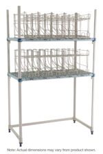 The MetroMax Q MQCR243674-RU Industrial Plastic Shelving Roll Under Can Rack Unit, 24 x 36, is a sturdy two-tiered rack with four legs and slots for scientific glassware, perfect for drying or storing lab items efficiently.