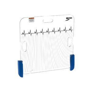 The Metro LEC308 Backboard with Blue Front Assembly Kit has a transparent rectangular design with blue corners, resembling an electrocardiogram with jagged black edges. It features a handle cutout and warning label, designed for Lifeline and Flexline Carts, with METRO printed on it.
