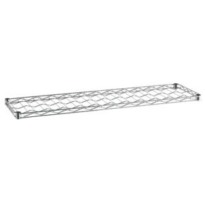 The 14 x 48 Metro W1448NC Super Erecta Wine Shelf features a sleek silver design with a rectangular grid pattern, ideal for organizing wine. It is displayed at a slight angle against a plain white background.