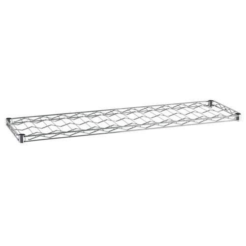 The 14 x 48 Metro W1448NC Super Erecta Wine Shelf features a sleek silver design with a rectangular grid pattern, ideal for organizing wine. It is displayed at a slight angle against a plain white background.