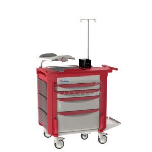 The Metro LECCRP3-RD Lifeline Crash Cart, Red, features a sleek design with multiple drawers and compartments. It smoothly glides on wheels and includes a mounted IV pole and an attached tray arm for easy access during emergencies.