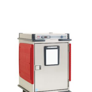 The mobile silver food cart, similar to the Metro C5T5X-DSF T-Series Heated Transport Cabinet, has a red door with matching handle and four wheels. It features a digital control panel and a front door with a small rectangular window.