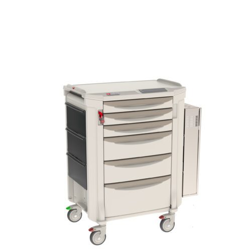 pbl9tgux6uqhbnqidozd3wfsu0hgms54.jpg The Metro FLECMO Flexline Extracorporeal Membrane Oxygenation (ECMO) Cart features a sleek, wheeled design with multiple drawers, a white frame, and black accents. Its smooth surface and side attachment make it ideal for efficient use in hospitals or clinics.