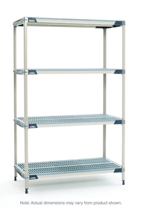 The MetroMax i X376GX3 4-Shelf Shelving Unit, measuring 18 x 72 x 63, has four adjustable grid-patterned shelves. Its silver frame with blue corner accents enhances style. Note: Dimensions may slightly vary from those shown.