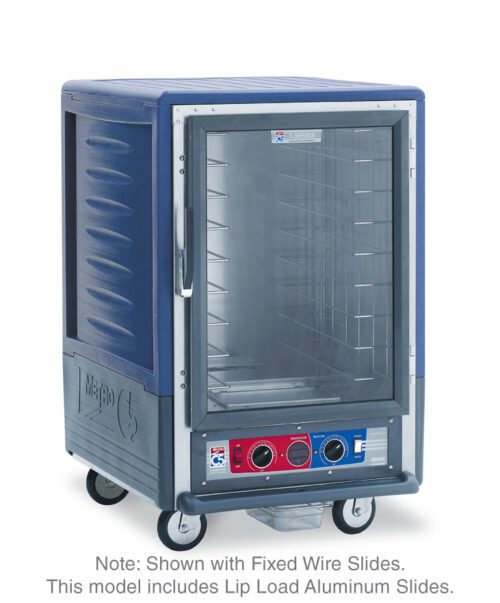 pe8enqti6dvofawuw8xc9b4rtjkr7ulu.jpg A blue insulated Metro C535-CXFC-L-BUA C5 3 Series holding/proofing cabinet features a clear full-length door with fixed wire slides, lip load aluminum slides, control knobs on a red panel, and operates at 220-240V.