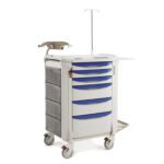The Metro FLCRP4 Flexline Crash Cart includes blue drawers and an IV pole. It features three metallic-fronted drawers on the left, a beige tray on top, a compact work surface, and four wheels for easy mobility—perfect for dynamic use in healthcare settings.