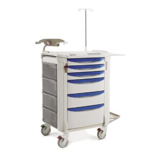 The Metro FLCRP4 Flexline Crash Cart includes blue drawers and an IV pole. It features three metallic-fronted drawers on the left, a beige tray on top, a compact work surface, and four wheels for easy mobility—perfect for dynamic use in healthcare settings.