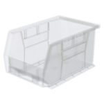 The Metro MB30237CLSH Stacking/Hanging Supply Bin, clear and measuring 9.25 x 6 x 5, features an open front for easy access, stacking ridges for stability, and faint text on the side.