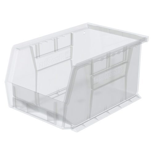 pety43ujlwrsb937sw40ofs66evekva1.jpg The Metro MB30237CLSH Stacking/Hanging Supply Bin, clear and measuring 9.25 x 6 x 5, features an open front for easy access, stacking ridges for stability, and faint text on the side.