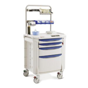The Metro FLXPROC1 Flexline Procedure Cart has four blue and white drawers, a top shelf for supplies, a handle, a blue container, and a white electronic device on top, offering functionality and efficient design.