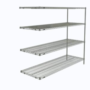 The Metro AN576C Super Erecta Add-On Unit features chrome-finished adjustable shelves supported by sturdy metal rods. Measuring 24 x 72 x 63, it provides ample open storage for organizing items against a plain backdrop.