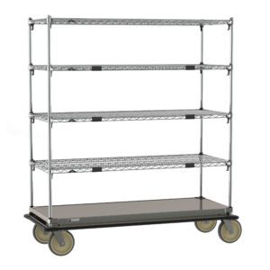 The Metro ECN56CS Super Adjustable Super Erecta Cart features four wire shelves and a 24 x 60 galvanized steel bottom shelf, supported by large caster wheels for a sturdy, industrial look ideal for storage or transport.