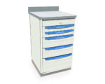 The Metro SXR36WC5 Starsys Stationary Workcenter is a sleek white medical storage cabinet with a gray countertop and six drawers with blue handles, set against a plain white background to ensure functionality and style.