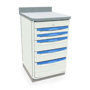 The Metro SXR36WC5 Starsys Stationary Workcenter is a sleek white medical storage cabinet with a gray countertop and six drawers with blue handles, set against a plain white background to ensure functionality and style.