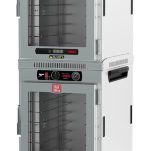The Metro HBCW16-AC-M HotBlox is a 16-pan insulated dual-cavity stainless steel holding cabinet with clear doors, analog controllers, and NEMA 5-15P. It features control dials, temperature gauges, and wheels for mobility.