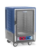 The Metro C535-CLFC-U-BUA C5 3 Series is a 1/2 height insulated holding/proofing cabinet with a full-length clear door, blue top, and bottom control dials. It features universal wire slides, shelves inside, is made of stainless steel and blue material, runs at 120V, 60Hz, 1440W and includes wheels for mobility.