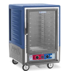 The Metro C535-CLFC-U-BUA C5 3 Series is a 1/2 height insulated holding/proofing cabinet with a full-length clear door, blue top, and bottom control dials. It features universal wire slides, shelves inside, is made of stainless steel and blue material, runs at 120V, 60Hz, 1440W and includes wheels for mobility.