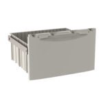 The Metro FL112 Flexline 12 Drawer, shown in a 3D render, features a gray plastic design with a front handle and side grooves, ideal for modular systems. The front angle view emphasizes its depth and utility.