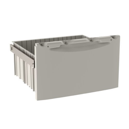 The Metro FL112 Flexline 12 Drawer, shown in a 3D render, features a gray plastic design with a front handle and side grooves, ideal for modular systems. The front angle view emphasizes its depth and utility.