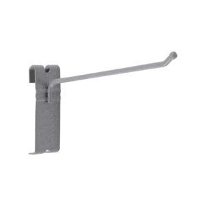 The Metro PGHK6K4 SmartWall 6 Prong Hook in Metroseal Gray Epoxy is a gray, metal pegboard hook with a long arm and hook designed for display or storage boards. It features a flat base with a notch for easy attachment.