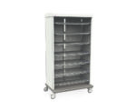 The Metro SXRDGS1 Starsys Mobile Supply Cabinet is tall and wheeled, featuring six adjustable wire shelves and a sleek white exterior. The shelves are empty and set against a plain white background.