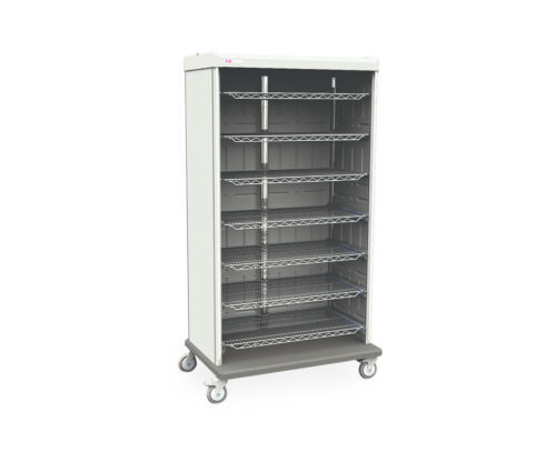 The Metro SXRDGS1 Starsys Mobile Supply Cabinet is tall and wheeled, featuring six adjustable wire shelves and a sleek white exterior. The shelves are empty and set against a plain white background.