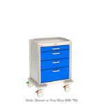 The Metro MBP1210TL Basix Plus Medical Cart boasts a sleek white finish with four True Blue drawers featuring metal handles, and its swivel wheels enhance mobility against a crisp backdrop.
