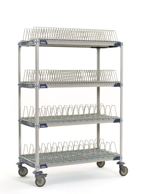 The MetroMax i PR48VX4 Mobile Drying Rack, with two tray and two pan racks, measures 26 x 50 x 68. It features four wire mesh shelves on caster wheels and a robust steel structure, making it ideal for secure industrial storage.