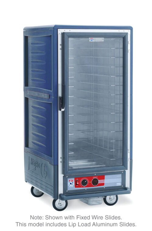 The Metro C537-HXFC-L-BUA C5 3 Series is a blue, 3/4 height insulated holding cabinet with a full-length clear door on wheels. It features lip load aluminum slides and bottom control panels, operating at 220-240V and 50/60Hz.