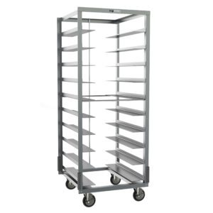 The Metro RD27NA37A120 Oval Tray Pan Rack, measuring 27.5 x 30 x 70.25, features multiple shelves with 6 slide spacing, gray corner bumpers for safety, and wheels for mobility, standing empty against a plain white background.