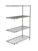 The Metro AN346BR Super Erecta 4-Shelf Add-On Unit, measuring 18 x 42 x 63, has a Brite finish. Its adjustable shelves and open-sided design offer versatile storage and organization, combining style with functionality.