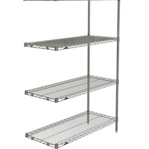 The Metro AN346BR Super Erecta 4-Shelf Add-On Unit, measuring 18 x 42 x 63, has a Brite finish. Its adjustable shelves and open-sided design offer versatile storage and organization, combining style with functionality.