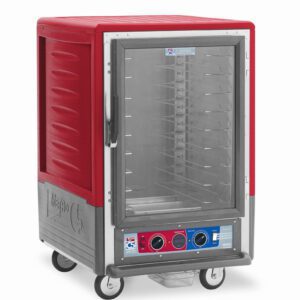 The Metro C535-CLFC-UA C5 3 Series Insulated Holding/Proofing Cabinet, featuring a 1/2 height full-length clear door, comes in red with universal wire slides. It operates on 120V, 60Hz at 1440W for precise temperature control and efficient food storage on wheels.