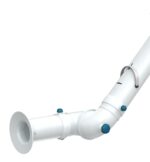 A white, curved Exhaust Snorkel Chemical Resistant pipe with two teal valve knobs connects to a straight section ending in a flared nozzle. A clamp secures snugly at the bend, suggesting its role in a chemical-resistant ventilation system.