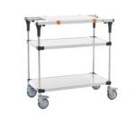 The Metro MS1836-FSFS-PK1 PrepMate MultiStation features solid stainless steel top and bottom shelves, stainless steel posts, four swivel casters with brakes for stability, and a silver frame with black and orange accents. Its the perfect 36 prep station equipped with Accessory Pack 1.