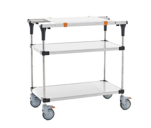 The Metro MS1836-FSFS-PK1 PrepMate MultiStation features solid stainless steel top and bottom shelves, stainless steel posts, four swivel casters with brakes for stability, and a silver frame with black and orange accents. Its the perfect 36 prep station equipped with Accessory Pack 1.