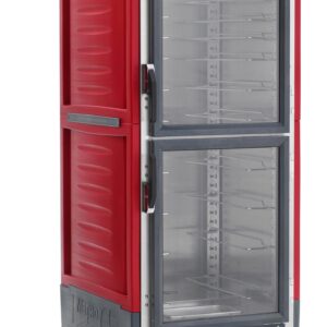 The Metro C539-CLDC-U C5 3 Series Insulated Holding/Proofing Cabinet features a full-height red design with Dutch clear doors and universal wire slides, making it easy to accommodate trays. Its powered by 120V, mounted on wheels for mobility, and has controls at the bottom.