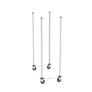 The Metro MXTTM24S Top-Track Mobile Unit Kit features a minimalist metal frame with four vertical polymer posts on stainless casters. The unit, designed for 24 wide MetroMax Shelving, has black wheels and a neutral-colored frame, combining simplicity and functionality.