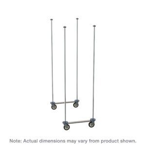The Metro TTM21C Top-Track Mobile Unit Kit, for 21 Wide Super Erecta Wire Shelving in Chrome, features staggered vertical poles with wheels against a white backdrop. Note: Actual dimensions may vary.