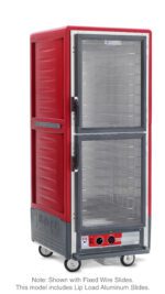 Red full-height Metro C539-HLDC-L Insulated Holding Cabinet with Dutch clear doors, grid shelves for trays, side handles, Lip Load Aluminum Slides, and wheeled base.