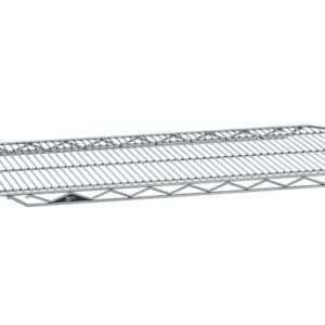 The Metro 1436QC qwikSLOT Wire Display Shelf, Chrome, 14 x 36, is a rectangular wire shelf with a grid pattern and raised edges, ideal for storage and organization.