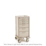 Discover the Metro MBPC3210TL Basix Plus Compact Medical Cart in light taupe. It boasts five spacious drawers, large wheels for effortless movement, and optional keyless entry for secure storage—ideal for medical environments.