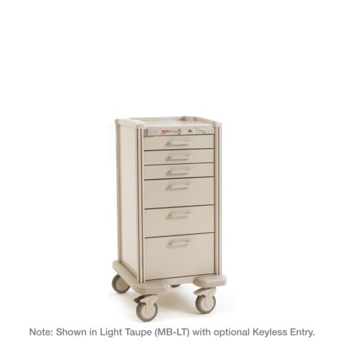 pwa512v1tlkm1wd47k6yopx9aggi0qo3.jpg Discover the Metro MBPC3210TL Basix Plus Compact Medical Cart in light taupe. It boasts five spacious drawers, large wheels for effortless movement, and optional keyless entry for secure storage—ideal for medical environments.